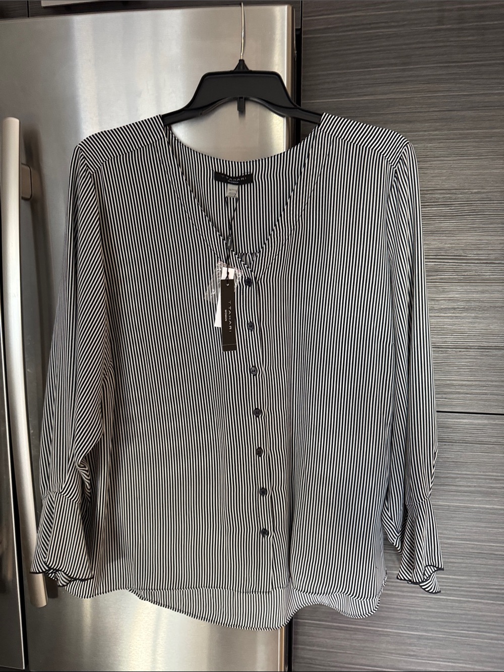 PLUS SIZE T Tahari Black & White Vertical Stripe Button-Front Blouse - Picture 7 of 7